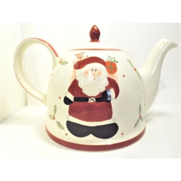 Le Gourmet Chef Santa Large Dome Tea Pot 2003 Red & White Hand Painted - Picture 1 of 10